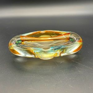 Murano Art Glass Polychrome Orange Blue Oval Ashtray